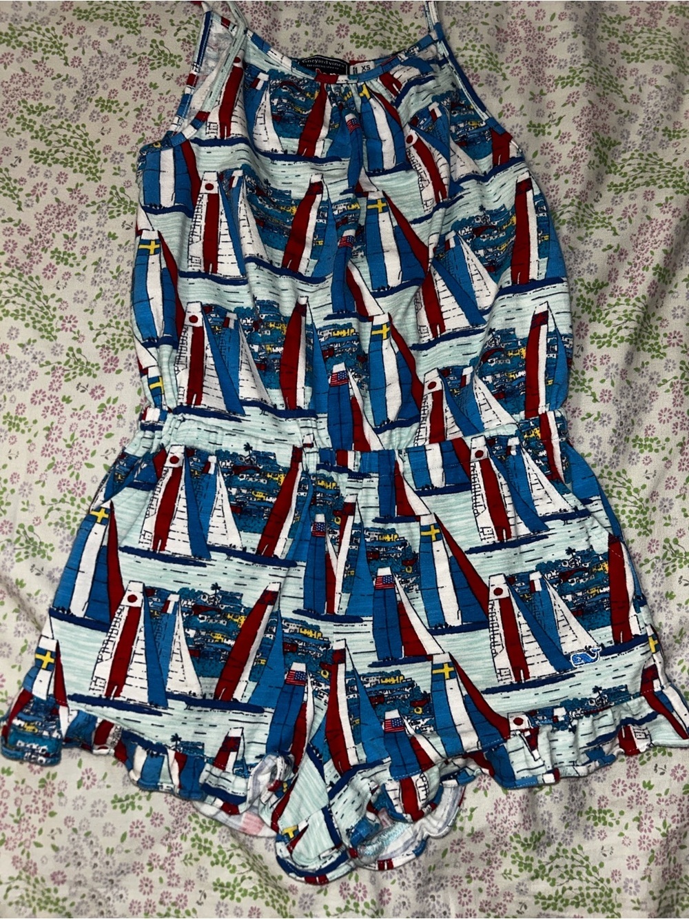 Vineyard Vines Girls Nautical Sailboat Print Romper in Blue, Red, White